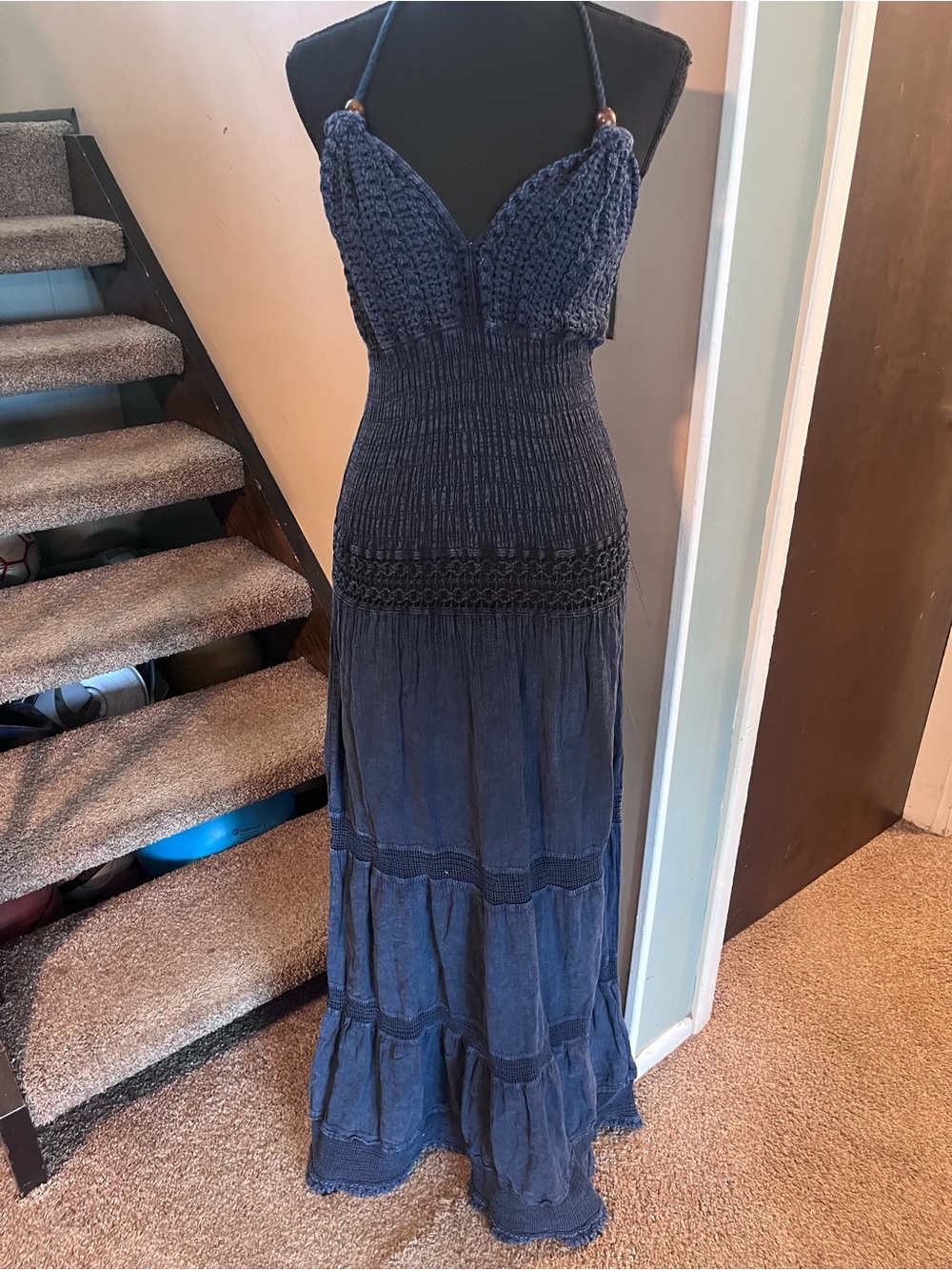 Women Cotton Natural Hampton Dress in Navy Blue bohemian halter maxi dress Sz L